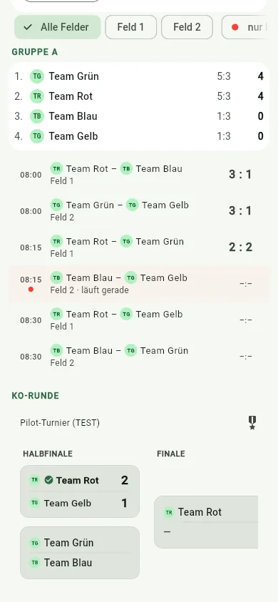 App-Ansicht: Live-Turnier mit Tabelle und Spielplan für Gäste ohne Login
